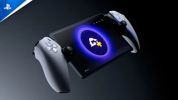 Jeu graphique promotionnel montrant le PlayStation Portal Remote Player avec deux manettes DualSense, affichant un écran de chargement violet