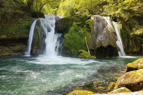 Cascade de la Source de la Loue dévalant en plusieurs paliers sur des rochers couverts de mousse jusqu'à un bassin vert turquoise, dans une forêt baignée de soleil