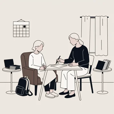 Une lycéenne malade, installée dans un fauteuil avec une couverture, reçoit chez elle un cours d'un enseignant volontaire assis à une petite table ; un calendrier mural ne montre que quelques séances, ce qui suggère un accompagnement partiel.