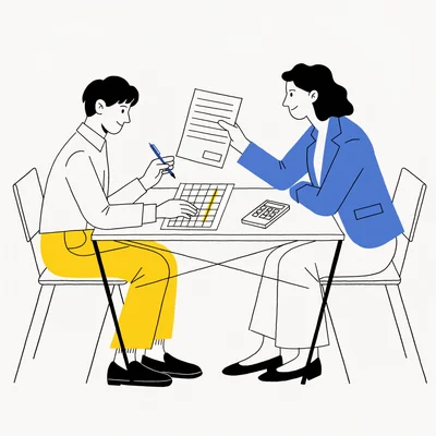 Illustration flat 2D : dans un bureau lumineux, une jeune candidate et un recruteur sont assis face à face ; le recruteur fait glisser un contrat aux lignes encore vierges vers la candidate, qui tient un stylo au-dessus de la zone de signature, à côté d’une grille salariale sans texte avec une bande mise en évidence.