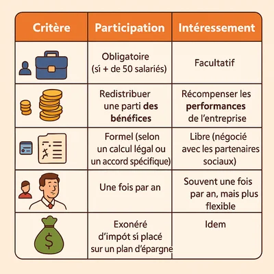 Tableau comparatif infographique en français confrontant la participation et l'intéressement selon cinq critères - caractère obligatoire, objectif, cadre légal, fréquence de versement et régime fiscal - chaque ligne étant illustrée par une icône plate : mallette, pièces de monnaie, document, personn