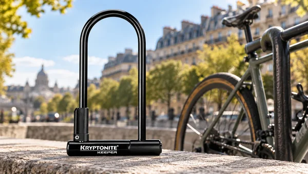 Photographie d'un antivol U Kryptonite Keeper noir posé sur un rebord de pierre, avec un vélo et une vue floue de la ville avec une architecture classique en arrière-plan