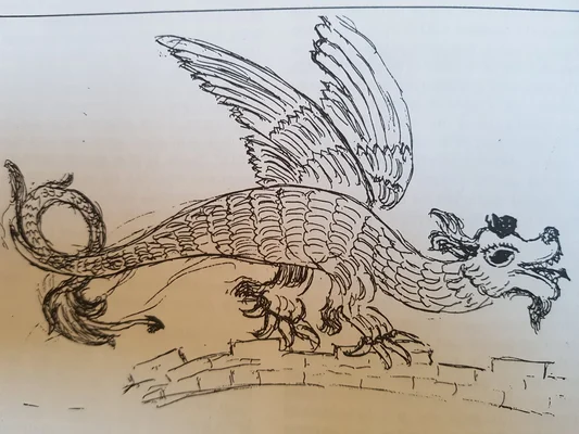 Dessin à l'encre d'une vouivre de Franche-Comté, créature ailée à tête d'oiseau et corps emplumé, ailes déployées et queue recourbée, perchée sur un mur de pierre