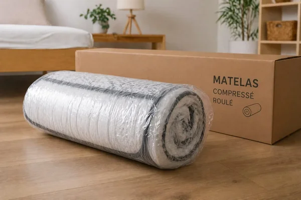 Matelas compressé roulé sous film plastique posé sur un parquet en bois clair à côté de son carton d'expédition, dans une chambre meublée.