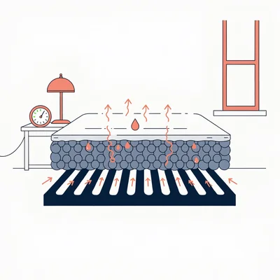 Illustration en coupe d’un matelas à mémoire de forme posé sur un sommier à lattes : une fine couche de protège-matelas respirant et imperméable retient une goutte d’eau en surface, tandis que des flèches d’air circulent par les lattes et autour de la mousse dense, où restent piégées chaleur et humidité ; un hygromètre de chevet indique une zone médiane.