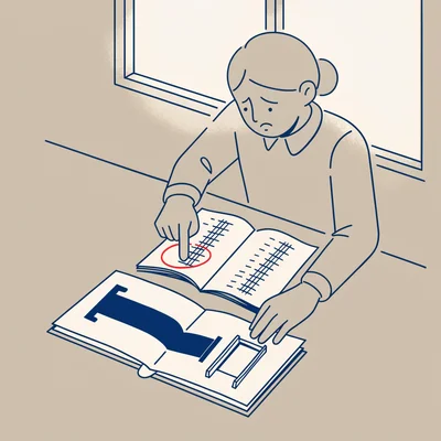 Illustration d’un candidat au baccalauréat, à son bureau fin octobre, penché sur une copie d’examen : il désigne une erreur entourée en rouge dans une colonne de traits, tandis qu’un calendrier à deux pages montre une période de recours se terminant sur une barrière fermée. Vue en plongée, tons papier, bleu encre et rouge.