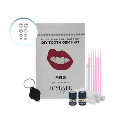 Kit de strass dentaires temporaires DIY ICY ORIGINAL pour tooth gems, présenté avec ses accessoires d'application.