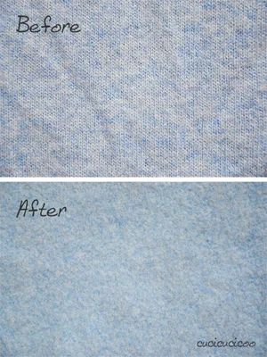 Comparaison en gros plan d'un tricot de laine bleu clair avant et après feutrage : en haut, les mailles texturées encore visibles, en bas, la surface feutrée plus douce et duveteuse
