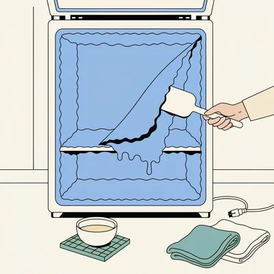 Illustration d'un congélateur ouvert dont la paroi intérieure est couverte de givre ; une main soulève délicatement une plaque de givre avec une spatule en plastique, tandis qu'un bol d'eau tiède posé sur un dessous-de-plat et des serviettes au sol attendent près de la porte, le joint restant visible et intact.