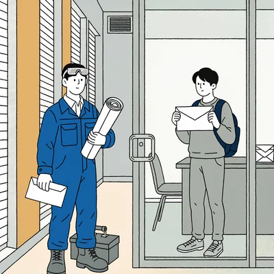 Un jeune apprenti en tenue de travail, une enveloppe de paie à la main et son contrat d'apprentissage sous le bras, se tient devant la porte vitrée fermée du service des bourses d'un campus ; à l'intérieur, un étudiant tient une enveloppe de notification de bourse.