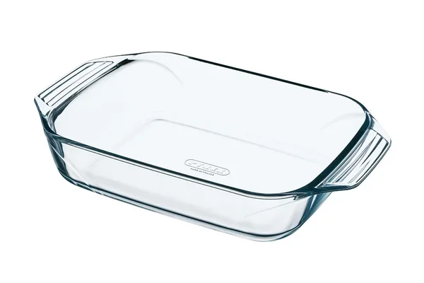 Plat à four rectangulaire Pyrex en verre transparent avec poignées latérales intégrées et logo Pyrex sur la base, photographié en studio sur fond blanc.