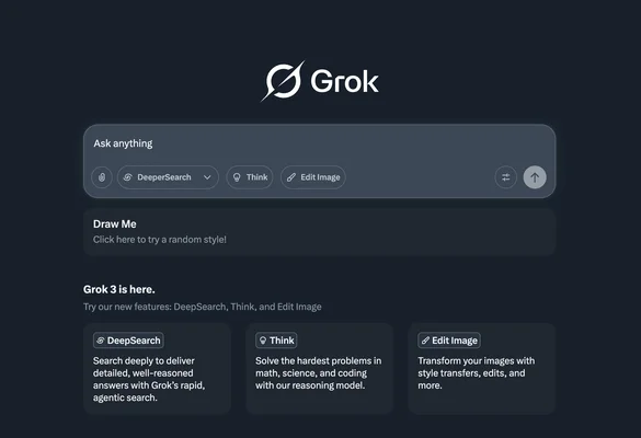 Capture d'écran de l'interface de Grok sur le site de xAI, avec le logo, le champ « Ask anything » et les boutons DeeperSearch, Think et Edit Image, accompagnés de cartes vantant les nouvelles fonctions de Grok 3