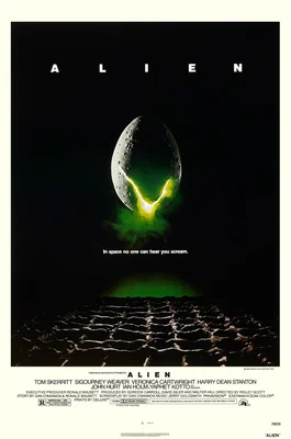 Affiche du film "Alien" de Ridley Scott : un oeuf extraterrestre lumineux vert repose sur un sol rocheux dans l'espace sombre, avec le titre "ALIEN" et le slogan "In space no one can hear you scream".