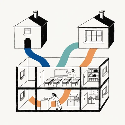 Illustration en coupe d’une école privée sous contrat : un enseignant fait cours dans une salle à l’étage, tandis qu’un parent dépose sa contribution à l’accueil. Derrière l’école, un bâtiment municipal et un bâtiment de l’État sont reliés au bâtiment par des flux de couleur symbolisant les financements publics.