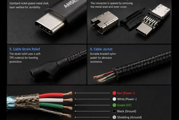 Câble de charge USB-C vers USB-C 3A ouvert pour un démontage, destiné à montrer sa conception interne et ses composants.