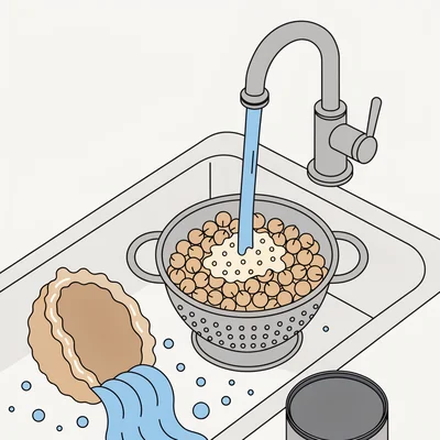 Une passoire remplie de pois chiches en conserve sous un filet d’eau, avec une coupe agrandie d’un grain montrant la pellicule saline et amylacée emportée en surface tandis que le cœur reste intact.