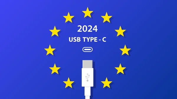 Illustration sur fond bleu du cercle de douze étoiles jaunes de l'UE, avec le texte "2024 USB TYPE-C" et un connecteur USB Type-C au centre inférieur.