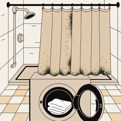 Dans une salle de bain carrelée, un rideau de douche en tissu beige montre des taches noires le long de ses coutures, de son pli central et de son ourlet fermé ; au premier plan, un lave-linge ouvert contient deux serviettes blanches propres.