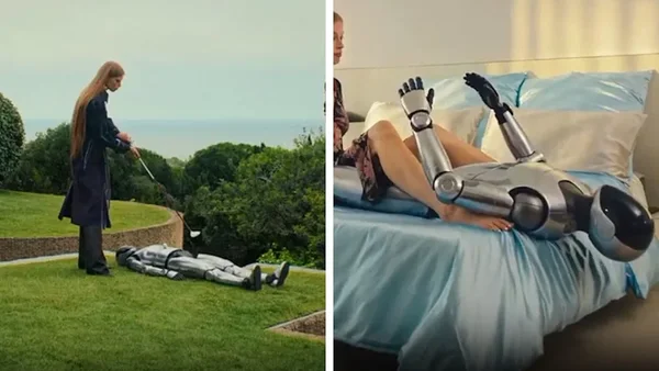 Collage de deux images de la publicité Desigual : à gauche, Vivian Wilson frappe un robot Tesla argenté avec un club de golf sur une pelouse face à la mer ; à droite, les jambes métalliques du robot sont dressées sur un lit près d'une personne partiellement visible.