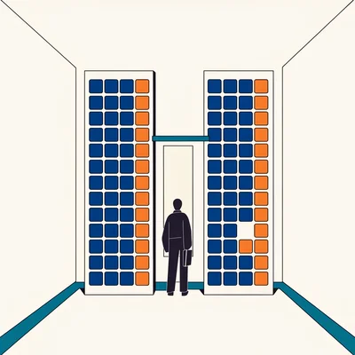 Dans un couloir universitaire stylisé, un étudiant vu de dos se tient devant une barrière de passage formée de deux grands panneaux semestriels prévus pour 30 cases chacun, 20 bleues et 10 orange. Une case orange manque au panneau de droite et la barre reste baissée, tandis qu'un couloir plus lumineux apparaît au-delà.