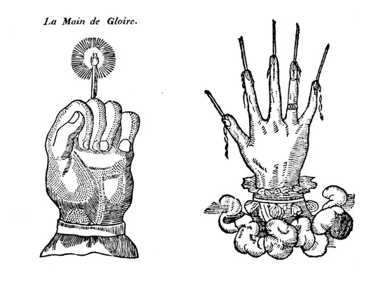 Illustration ancienne intitulée "La Main de Gloire" montrant deux variantes de l'amulette : à gauche, une main tenant un cierge allumé ; à droite, une main sectionnée portant un cierge au bout de chaque doigt et reposant sur une nuée