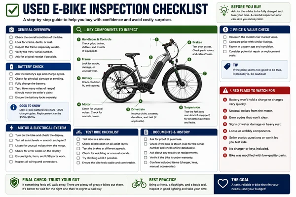 Infographie intitulée 'USED E-BIKE INSPECTION CHECKLIST' montrant une procédure détaillée pour inspecter un vélo électrique d'occasion, couvrant la batterie, le moteur, les composants clés, et les signaux d'alerte.
