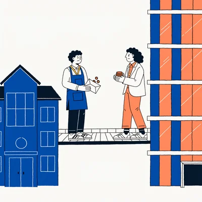 Un jeune apprenti traverse un pont étroit entre son centre de formation et une entreprise, tandis qu'un recruteur tient une pile de pièces réduite, illustrant la baisse des aides à l'embauche et la fragilisation du salaire net.