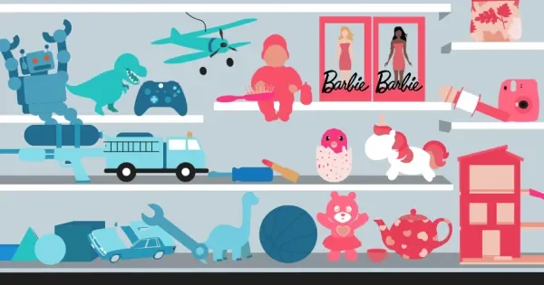 Illustration vectorielle montrant des étagères remplies de jouets pour enfants, incluant un robot, un dinosaure, un avion, des poupées, des véhicules et un service de thé, organisés de manière stylisée, symbolisant la diversité des intérêts des enfants au-delà des stéréotypes de genre.