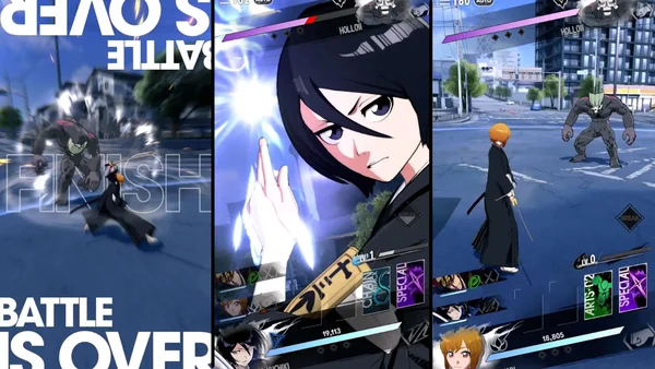 Captures d'écran du gameplay de Bleach: Mirrors High montrant des combats entre personnages d'anime et un monstre dans un collage vertical
