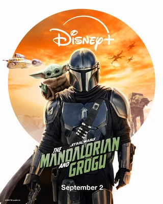 Affiche promotionnelle de 'The Mandalorian and Grogu' montrant le Mandalorian en armure en beskar avec Grogu sur l'épaule, contre un coucher de soleil orange avec un vaisseau et un walker AT-ST.