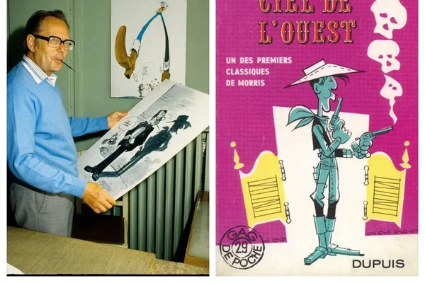 Photographie de Morris tenant à la main un dessin de bande dessinée, présentée aux côtés de la couverture de l'album "Billy de l'Ouest" du même auteur.
