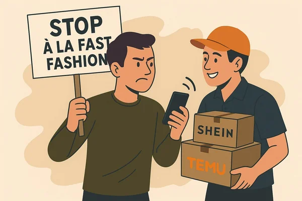 Une illustration montrant un homme tenant un slogan 'STOP À LA FAST FASHION' tout en regardant son téléphone, tandis qu'un livreur lui remet des colis étiquetés 'SHEIN' et 'TEMU', reflétant le comportement des acheteurs français face à l'ultra fast fashion.