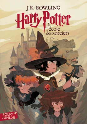 Couverture de l'édition française de "Harry Potter à l'école des sorciers" de J.K. Rowling, illustrée avec Harry Potter, Ron Weasley, Hermione Granger et le château de Poudlard en arrière-plan.