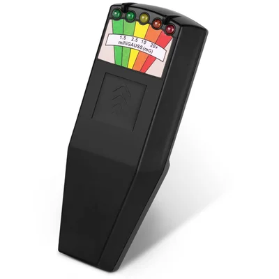 Un détecteur de champ électromagnétique EMF noir avec échelle LED colorée indiquant les niveaux en milliGauss, utilisé pour la détection fantômes et les investigations paranormales.