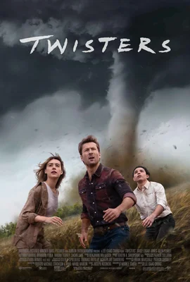 Affiche de promotion du film 'Twisters' (2024) montrant trois personnages courant dans un champ sous un grand tornado