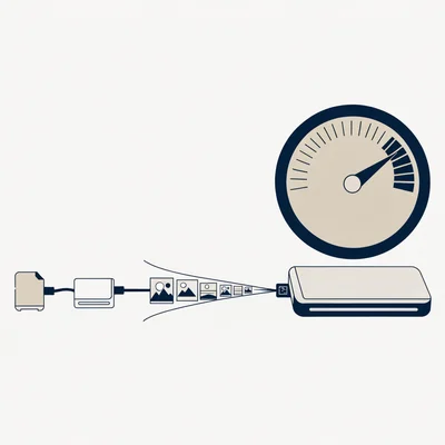 Illustration éditoriale montrant une carte SD et son lecteur alimentant un SSD externe par un câble USB, avec une jauge de vitesse du SSD dans la zone élevée