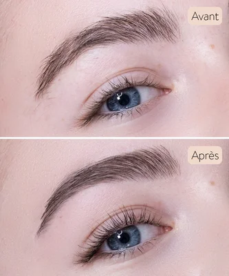 Avant et après d'une épilation des sourcils : macro du regard et du sourcil avec légendes 'Avant' et 'Après' en français, illustrant les résultats d'un soin cosmétique du visage.