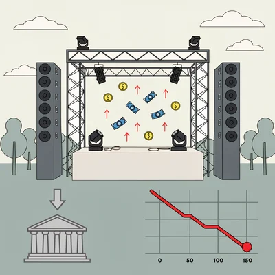 Illustration éditoriale montrant une scène de festival en plein air avec deux haut-parleurs et des lumières, entourée d'un graphique financier avec une tendance à la baisse en rouge, de pièces jaunes et de billets bleus qui montent avec des flèches rouges indiquant la hausse des coûts, et d'une flèche grise descendante vers un bâtiment gouvernemental symbolisant la baisse des subventions.