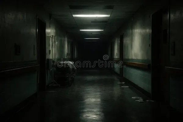 Couloir d'hôpital désert et sombre la nuit, avec des lumières vacillantes, un fauteuil médical à gauche et des débris par terre, créant une atmosphère inquiétante et isolée.