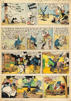 Planche originale de Lucky Luke dessinée par Morris : plusieurs cases encrées à la main montrant des personnages en tenue de cow-boy et des dialogues en français, dans un décor de western.
