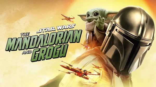 Affiche promotionnelle du film Star Wars : The Mandalorian and Grogu avec le Mandalorian en armure beskar, Grogu sur l'épaule, et des chasseurs X-wing dans un ciel rosé.