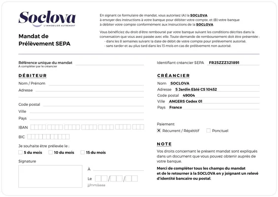 Mandat de prélèvement SEPA vierge de la société Soclova, comportant les rubriques réservées aux informations du débiteur, du créancier et aux préférences de paiement