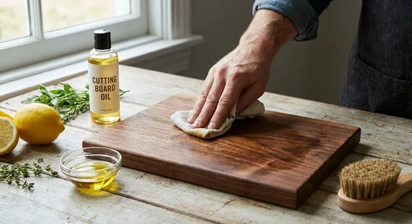 Main essuyant une planche à découper en bois avec un chiffon, entourée d'une bouteille d'huile, d'un bol, de citrons, d'herbes et d'une brosse sur une table en bois rustique