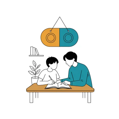 Illustration éditoriale : un professeur particulier aide un enfant à faire ses devoirs à la table du salon, sous une étiquette de prix coupée en deux moitiés égales, l'une pour la part payée par la famille, l'autre pour le crédit d'impôt.
