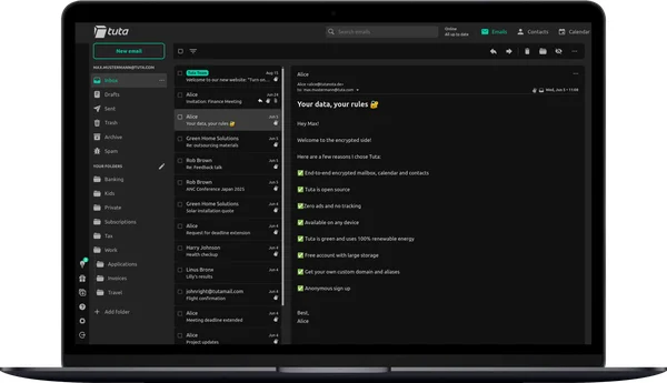 Capture d'écran de l'interface cliente de messagerie Tuta en mode sombre sur ordinateur portable, affichant la liste des messages dans la colonne de gauche et un courriel ouvert dans la colonne de droite. Client de messagerie sécurisé et gratuit pour Linux, Windows et macOS.