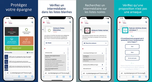 Capture d'écran de l'application AMF Protéger son épargne affichant quatre écrans mobiles montrant des fonctions pour vérifier les listes blanches/noires des intermédiaires financiers et détecter les arnaques.