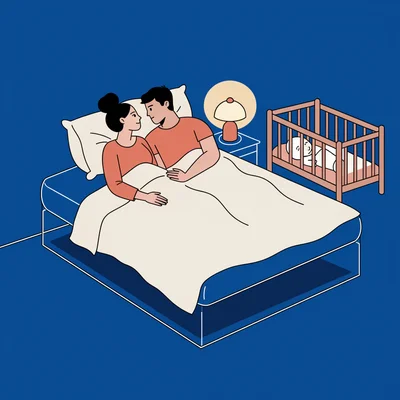 Illustration éditoriale en aplats : dans une chambre la nuit, un jeune couple allongé sous la couette se tourne l'un vers l'autre dans une étreinte intime et tendre, tandis qu'un nouveau-né dort dans son berceau juste à côté du lit, éclairé par une lampe de chevet.