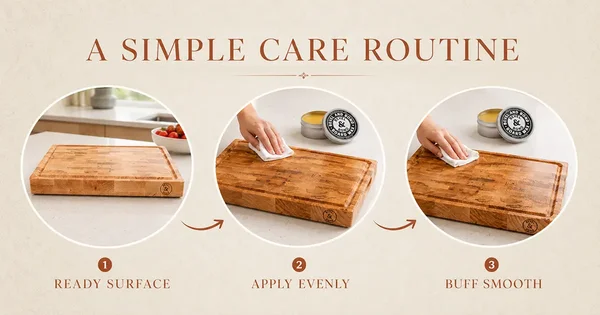 Infographie intitulée 'UNE ROUTINE DE SOIN SIMPLE' montrant trois étapes pour entretenir une planche à découper : préparer la surface, appliquer l'huile uniformément, puis lisser