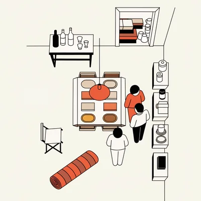 Illustration d’un studio aménagé pour une pendaison de crémaillère : table pliante déployée, verres suspendus, étagères murales et bar cart minimaliste pour recevoir des amis dans un petit espace.