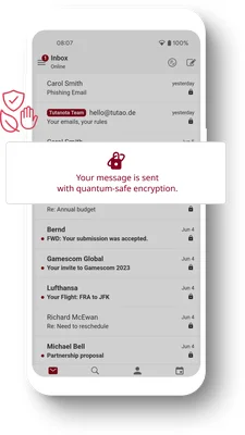 Illustration graphique d'un smartphone affichant l'interface de la boîte de réception de Tuta Mail, avec une notification indiquant 'Votre message est envoyé avec un chiffrement résistant aux ordinateurs quantiques.' Compte de messagerie privé, sécurisé et chiffré.